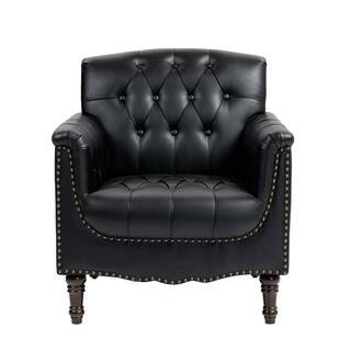Mid-Century Black Faux Leather Button Tufted Accent Arm Chair with Wood Legs (Set of 1) | The Home Depot