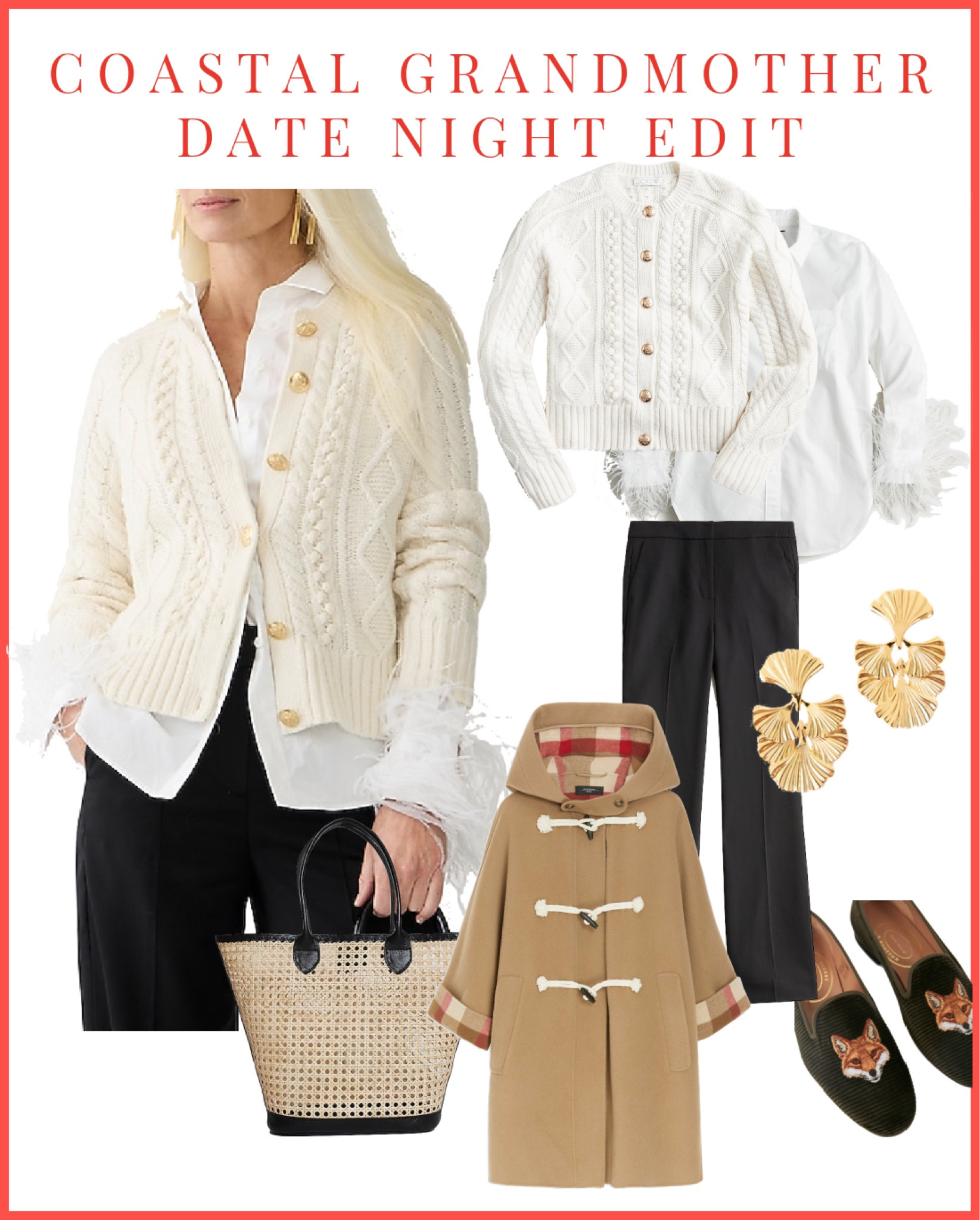 Coastal grandmother date night edit. Coastal style. Preppy style. Cable knit cardigan. Loafers. Totes. Button down shirts. 

#LTKshoecrush #LTKstyletip #LTKSeasonal