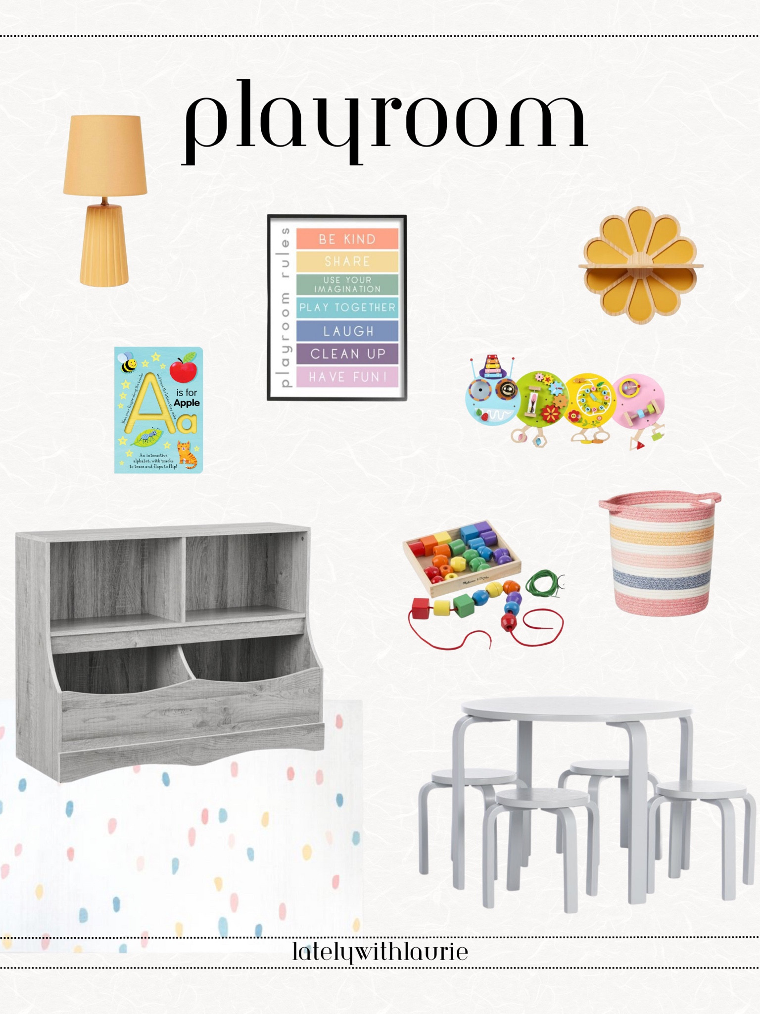 Upgrade your family room with one of these fun home decor pieces! The yellow lamp is a cute accent. love the table and chairs for structured activities . The area rug would go with so much! How fun is this toddler sensory board?! Grey chest, colorful basket, wall decor, books 

#LTKkids #LTKhome #LTKfamily