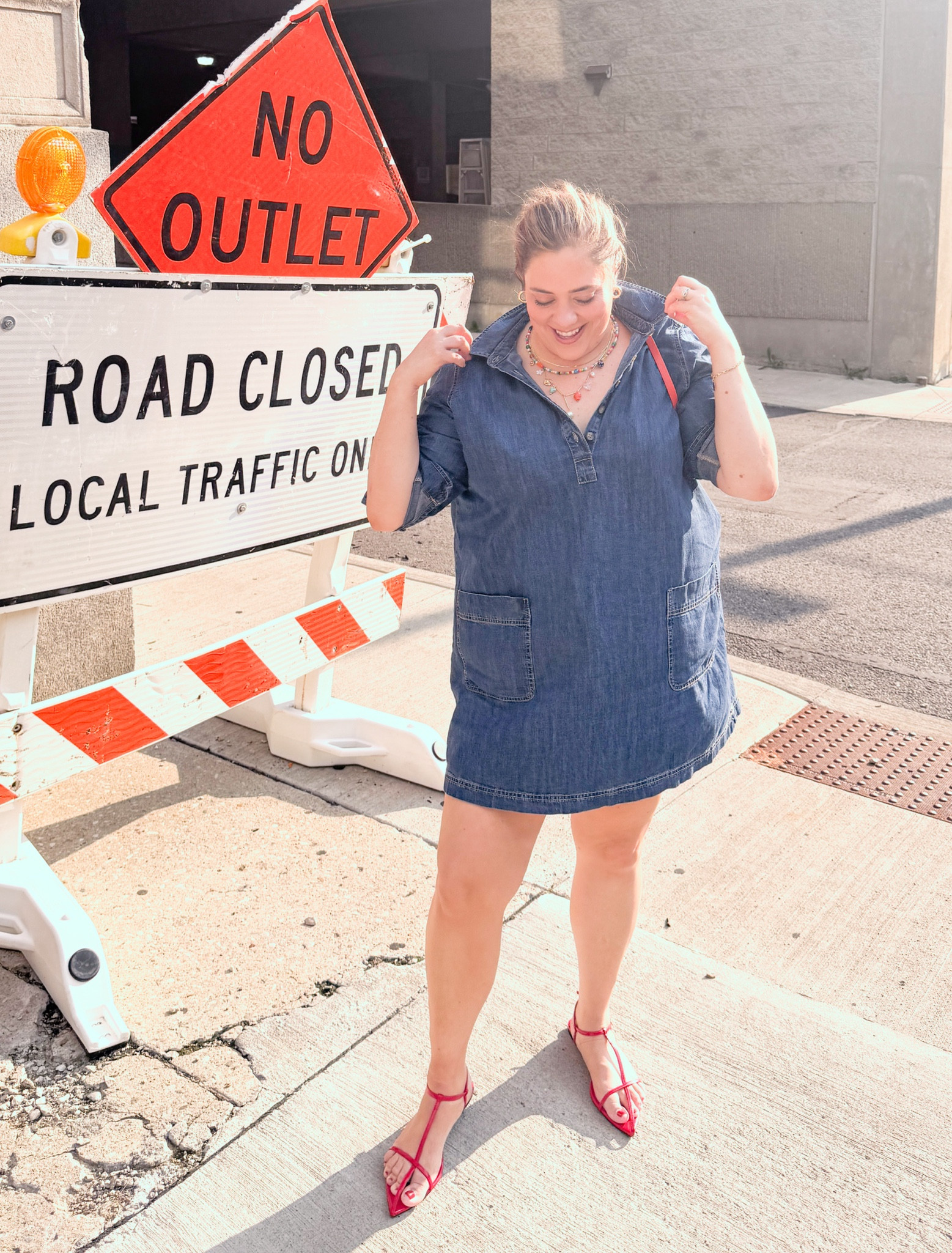 THE Old Navy dress. I think you can size down. This is the darker was, Which has limited sizing. But there is a lighter wash that has been restocked! I'm in a XXL here, and on the high side of a 20, sometimes a 22. 

Shoes are Amazon. It's kind of a crapshoot in sizing. The white were a 12 and one full size too big. The red are a 13 and probably 1/2 size too big (I scooted my feet up). I really love the red though. Long wait (17 days to get) , but worth it  

#LTKSeasonal #LTKBacktoSchool #LTKFindsUnder50