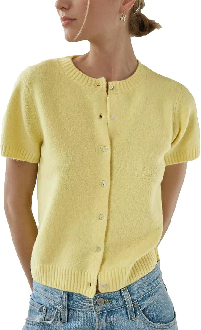 Womens Short Sleeve Cardigan Button Down Sweaters Knitted Casual Solid Color Outerwear Lightweigh... | Amazon (US)