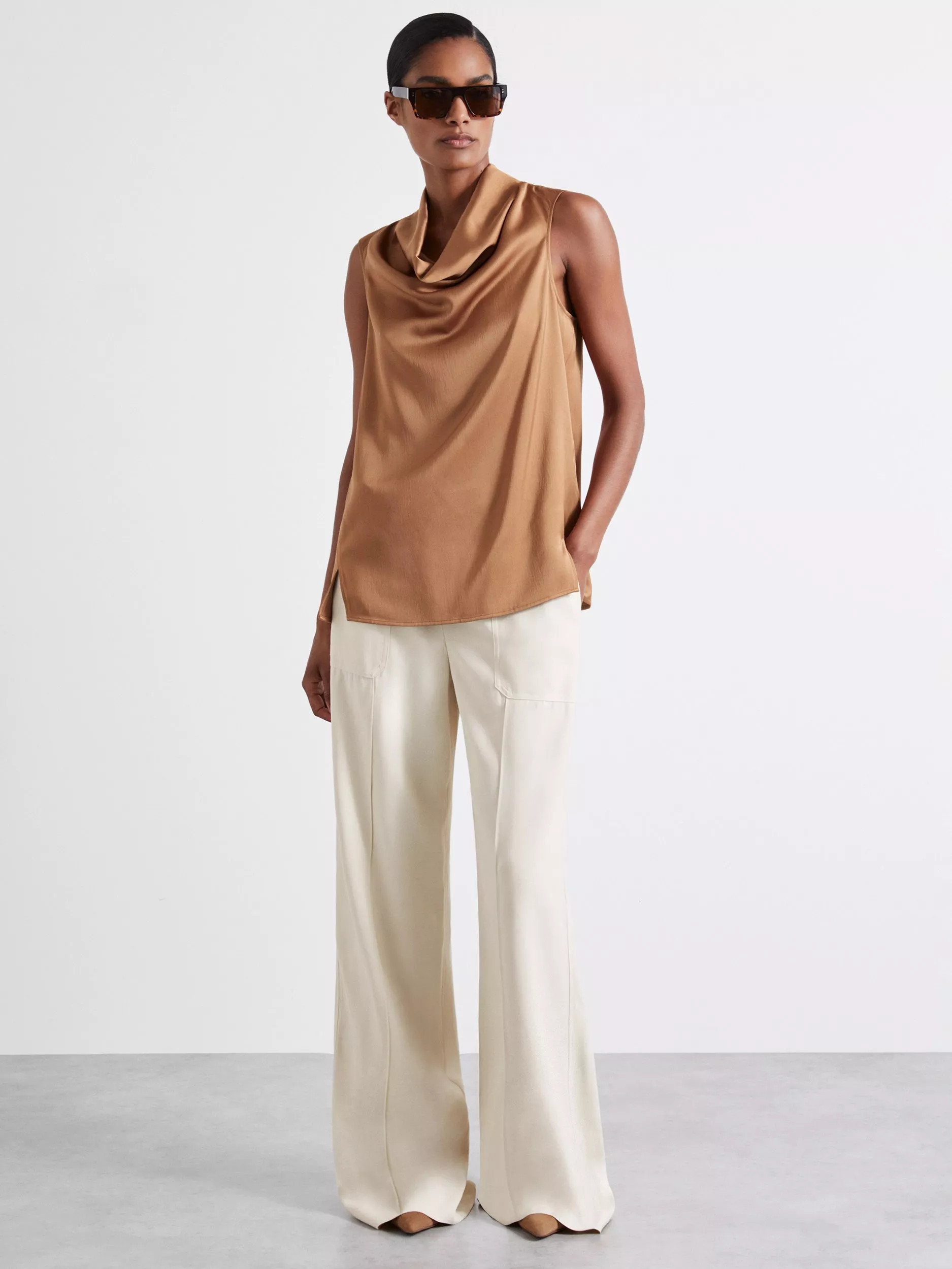 Reiss Atelier Manon Satin Cowl Neck Top, Tan | John Lewis (UK)