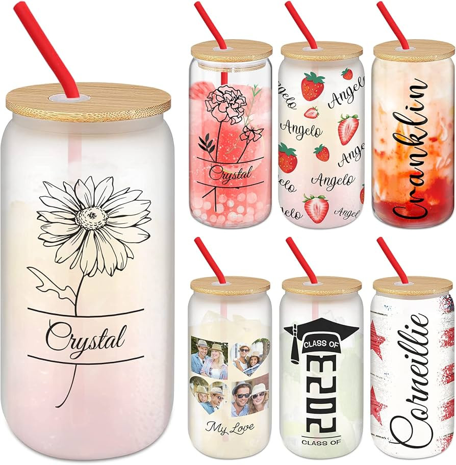 Personalized Glass Cups with Bamboo Lids and Straws Custom Name Photo Sublimation Drinking Glass ... | Amazon (US)