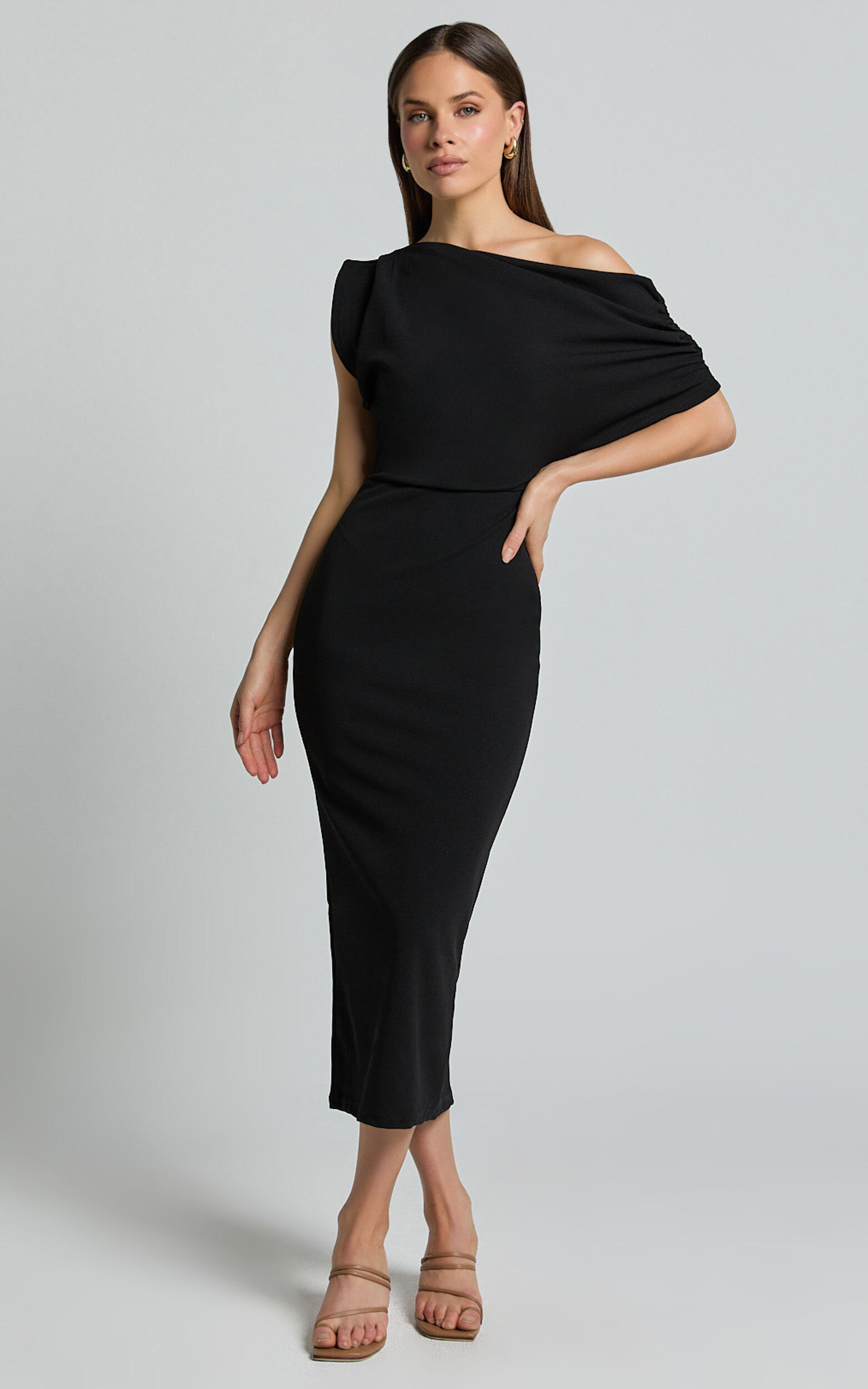 Nalfie Midi Dress - Tipped Shoulder Jersey Drape Dress in Black | Showpo (US, UK & Europe)