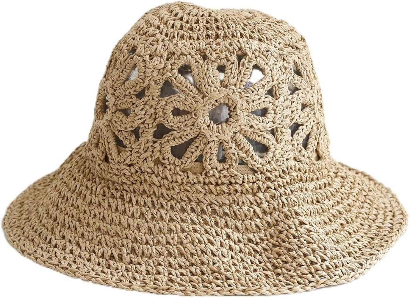 Hand-Woven Straw hat with Hollow Floral Design, Women's Summer hat, Breathable and Foldable Khaki | Amazon (US)