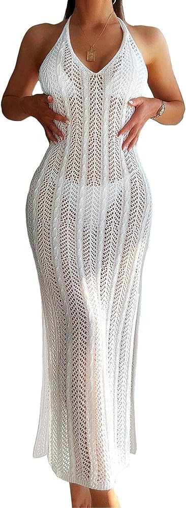 Verdusa Women's Crochet Cover Up Dress Self Tied Backless Knit Halter Dresses Swimsuit Beach Cove... | Amazon (US)