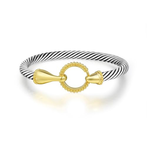 Mytys Cuff Bracelets for Women - Silver Cable Bracelets Two Tone Gold Hook - Mixed Metal Bangle Designer Dupes Bracelet Jewelry Gift (Round Hook) | Amazon (US)