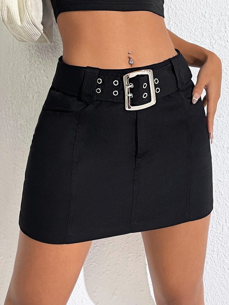 SHEIN EZwear Solid Belted Skirt | SHEIN