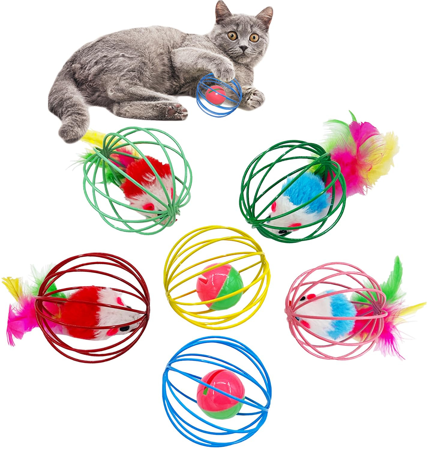 Cat Toys 6 Packs Cat Ball Toys, Metal Cage Balls with Mice & Bells, Cat Toys for Indoor Cats and ... | Amazon (US)