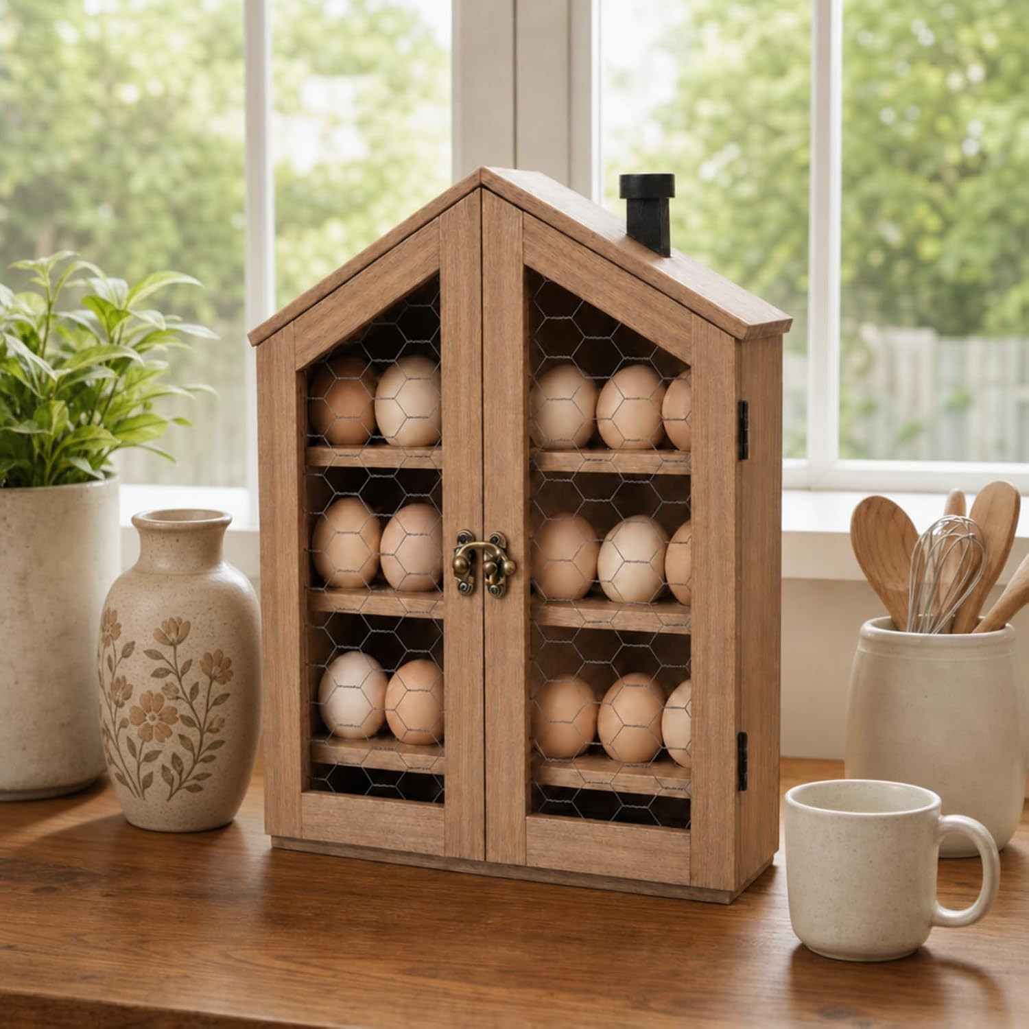Xuhal Wooden Egg Holder Countertop Farmhouse House Shape Egg Storage Decor 3 Tier Cabin Pull out ... | Amazon (US)