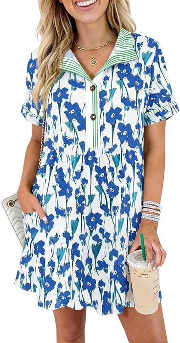 Wenrine Womens Floral Mini Dress Short Sleeve Summer Boho Dresses | Amazon (US)