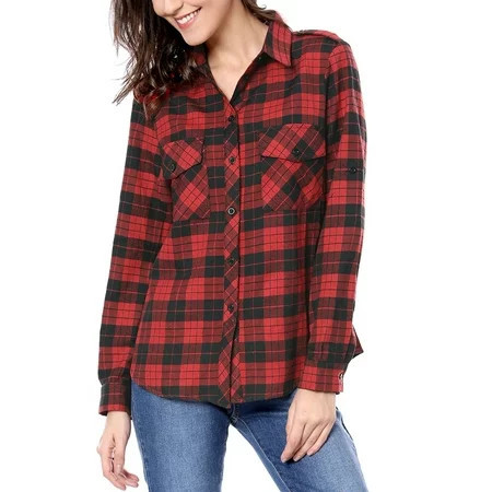 Unique Bargains Women s Halloween Costume Check Roll Up Sleeves Button Down Shirt | Walmart (US)