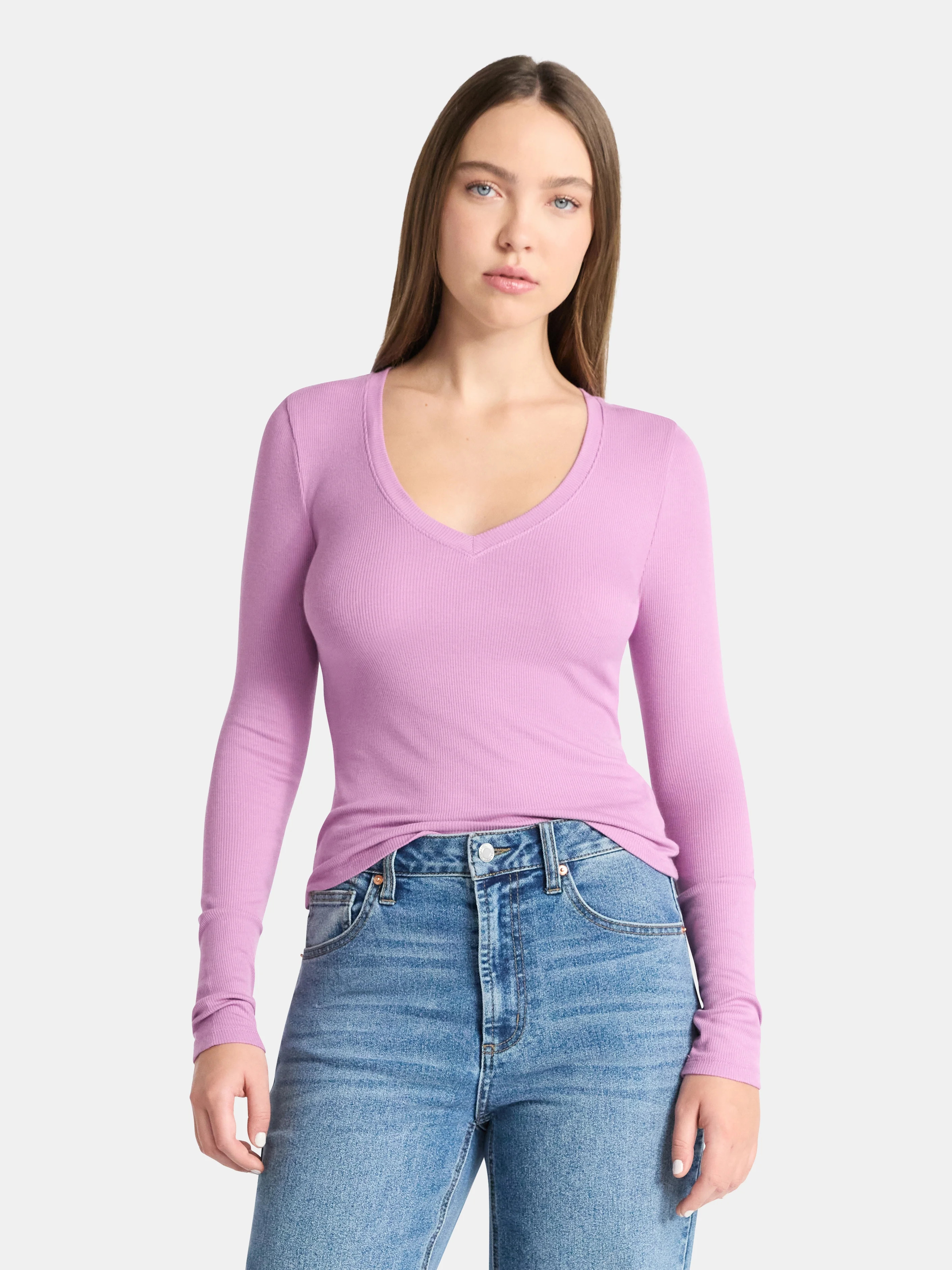 No Boundaries V-Neck Ribbed Top with Long Sleeves, Women’s | Walmart (US)