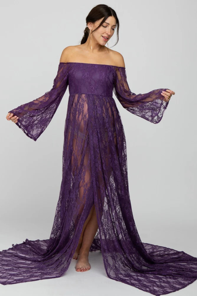 PinkBlush Plum Lace Off Shoulder Maternity Photoshoot Gown/Dress | PinkBlush Maternity
