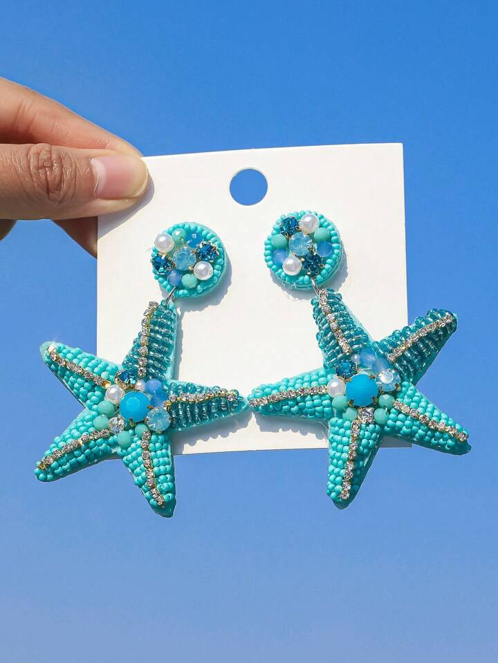 OOQ 1 Pair Handmade Beaded Ocean/Beach Themed Starfish Earrings, Vintage Elegant Style With Faux ... | SHEIN