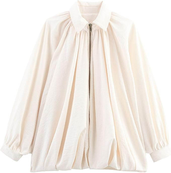 FindThy Women’s Puffed Bomber Jacket Trendy Lapel Collar Long Batwing Sleeve Front Zip Oversize... | Amazon (US)