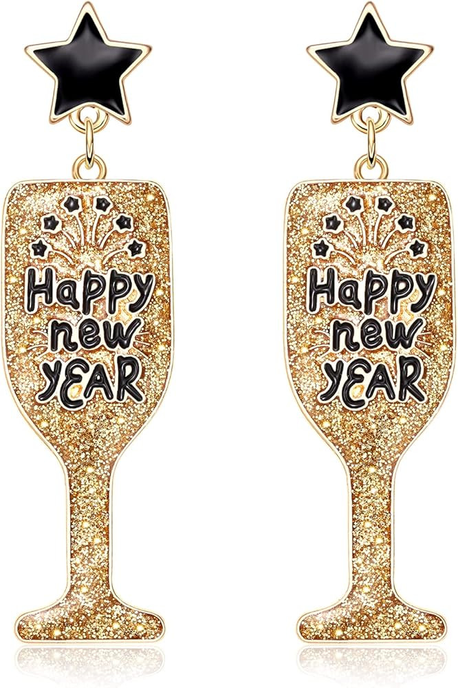 Happy New Year's Eve Champagne Bottle Earrings for Women Glitter Wine Glass Drop Dangle Earrings ... | Amazon (US)