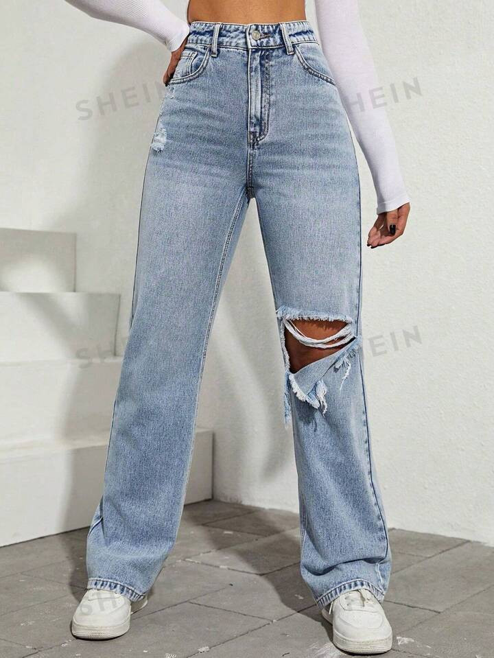SHEIN EZwear High Waist Ripped Boyfriend Jeans | SHEIN