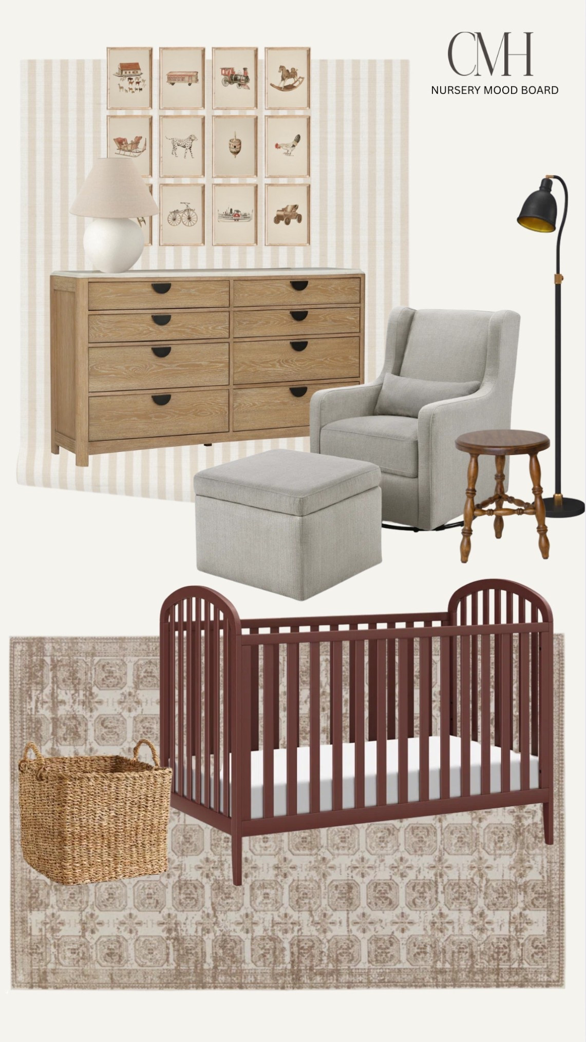 NO, this is not a pregnancy announcement! Just heavily into all things red lately and I was inspired by this maroon crib I spotted. I used this rug on a recent mood board as well, and it is just SO GOOD! A good neutral rug that doesn’t look like every other rug is hard to find. It also really does like vintage to me, which is a huge sell in my opinion! I also love this grasscloth wallpaper. Wall stripes are IN right now. This is just a perfect little gender-neutral set up! If you haven’t noticed, I tend to source most of my art from Etsy. I just love the options there. I’m a huge vintage art lover but it can be difficult to source specific things. On Etsy, you can purchase files for download and then get the images printed. I will sometimes print from home on canvas paper for more of a vintage effect. Just pop in some vintage (or vintage look-a-like) frames, and you’re set!



#LTKKids #LTKBaby #LTKHome