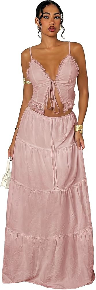 Floerns Women's 2 Piece Outfit Lace Trim Tie Front Camisole Top Tiered Maxi Skirts Set | Amazon (US)