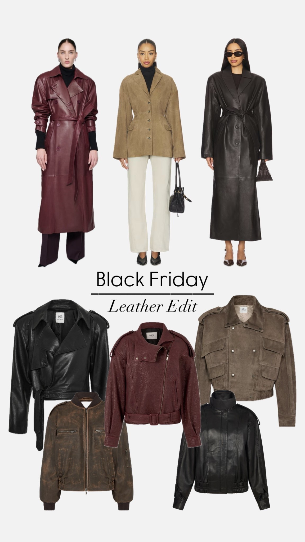 Black Friday outerwear sale — leather trench coats, suede jackets & bomber styles from Saint Laurent, L. Cupini, Ducie & Revolve.

leather jacket, leather coat, leather trench, suede jacket, bomber jacket, oversized, leather jacket, moto jacket, fall outerwear, winter outerwear, Black Friday sale, Black Friday deals, holiday outfit, capsule wardrobe, chic outerwear, elevated basics, neutral style, everyday style, Revolve, Ducie London, L. Cupini

#LTKCyberWeek #LTKSaleAlert #LTKGiftGuide