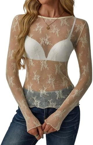 Womens Mesh Long Sleeve Tops Crew Neck Sexy See Through Tee Shirts Party Club Night Lace Blouse | Amazon (US)