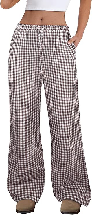 ANRABESS Women's Striped Gingham Pants 2025 Fall Pajama Lounge Boxer Pants Casual Wide Leg Drawst... | Amazon (US)