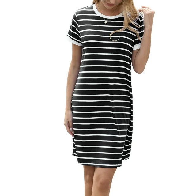 QINCAO Summer Dresses for Women Striped T Shirt Dresses Stretchy Short Mini Dress,M(8-10) | Walmart (US)