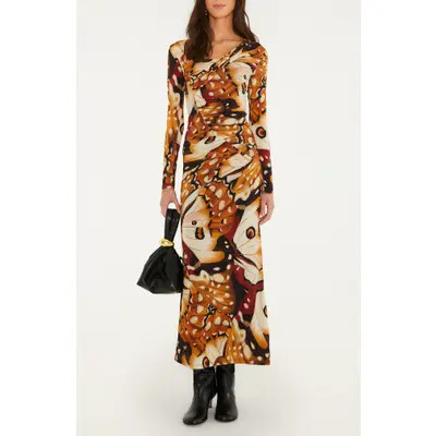 FARM Rio Borbofly Asymmetric Neck Long Sleeve Maxi Dress in Beige at Nordstrom, Size Medium | Nordstrom