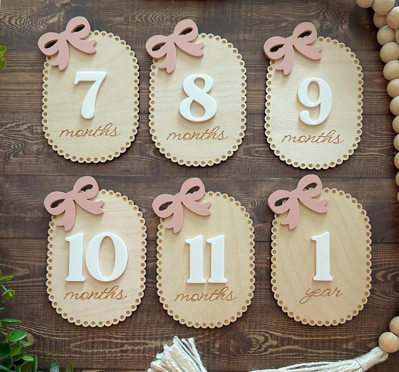 Wooden Bow Baby Monthly Milestones, Photo Prop Scallop Markers Fresh 48 Photos Baby Shower Gift N... | Etsy (US)
