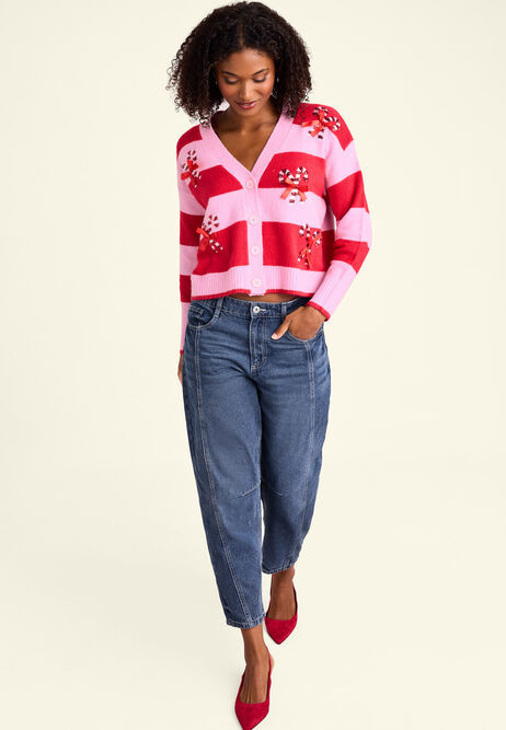 Womens Red Stripe Candy Cane Christmas Cardigan | Peacocks