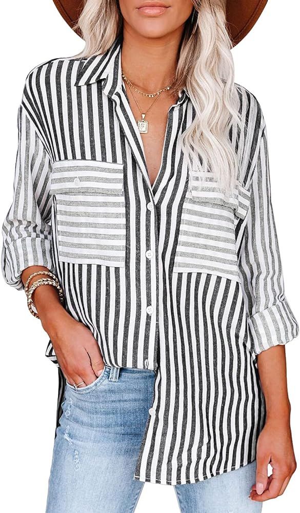 MIHOLL Womens Button Down Shirts Striped Casual Long Sleeve V Neck Blouse Tops | Amazon (US)