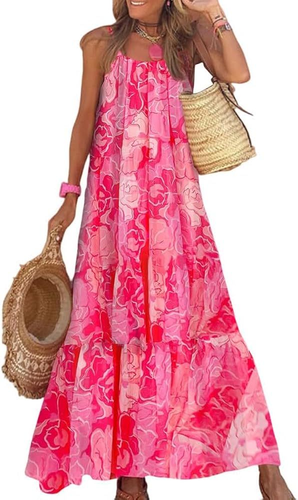 Dokotoo Women Summer Dresses 2023 Spaghetti Strap Scoop Neck Smocked Ruffle Flowy Boho Maxi Dress | Amazon (US)