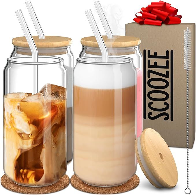 Scoozee Glass Cups with Bamboo Lids and Straws (18oz, Set of 4) Iced Coffee Cup for Ice Coffee Ba... | Amazon (US)
