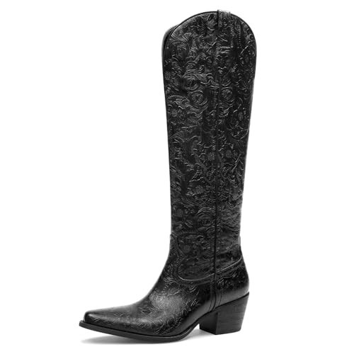 GPXGPX Black Cowboy Boots for Women Pointed Toe Cowgirl Boots Embossed, Comfortable Chunky Heel Pull on Knee High Riding Boots 9.5 | Amazon (US)