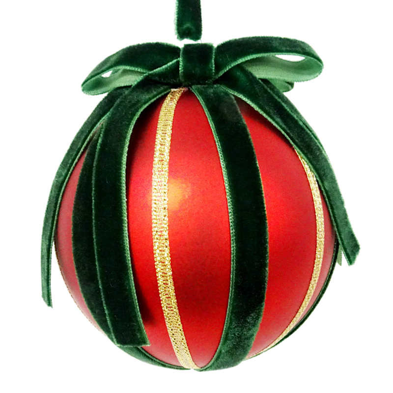 Classic Christmas Matte Red Ball Ornament with Green Velvet Bow, 90mm | At Home