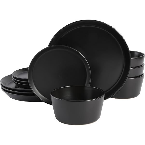 Melamine Dinnerware Set - 12 pcs Melamine Plates Indoor and Outdoor use Matte Black Plates and Bowls | Amazon (US)