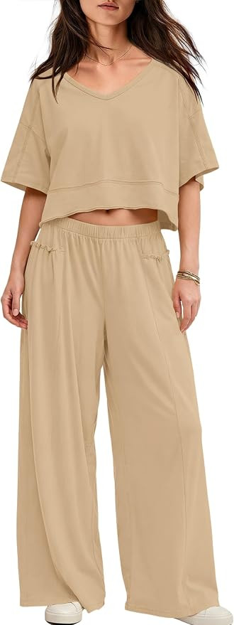 Yanekop Womens Two Piece Lounge Set for Summer Airport Travel Outfit V Neck Crop Tops and Wide Le... | Amazon (US)