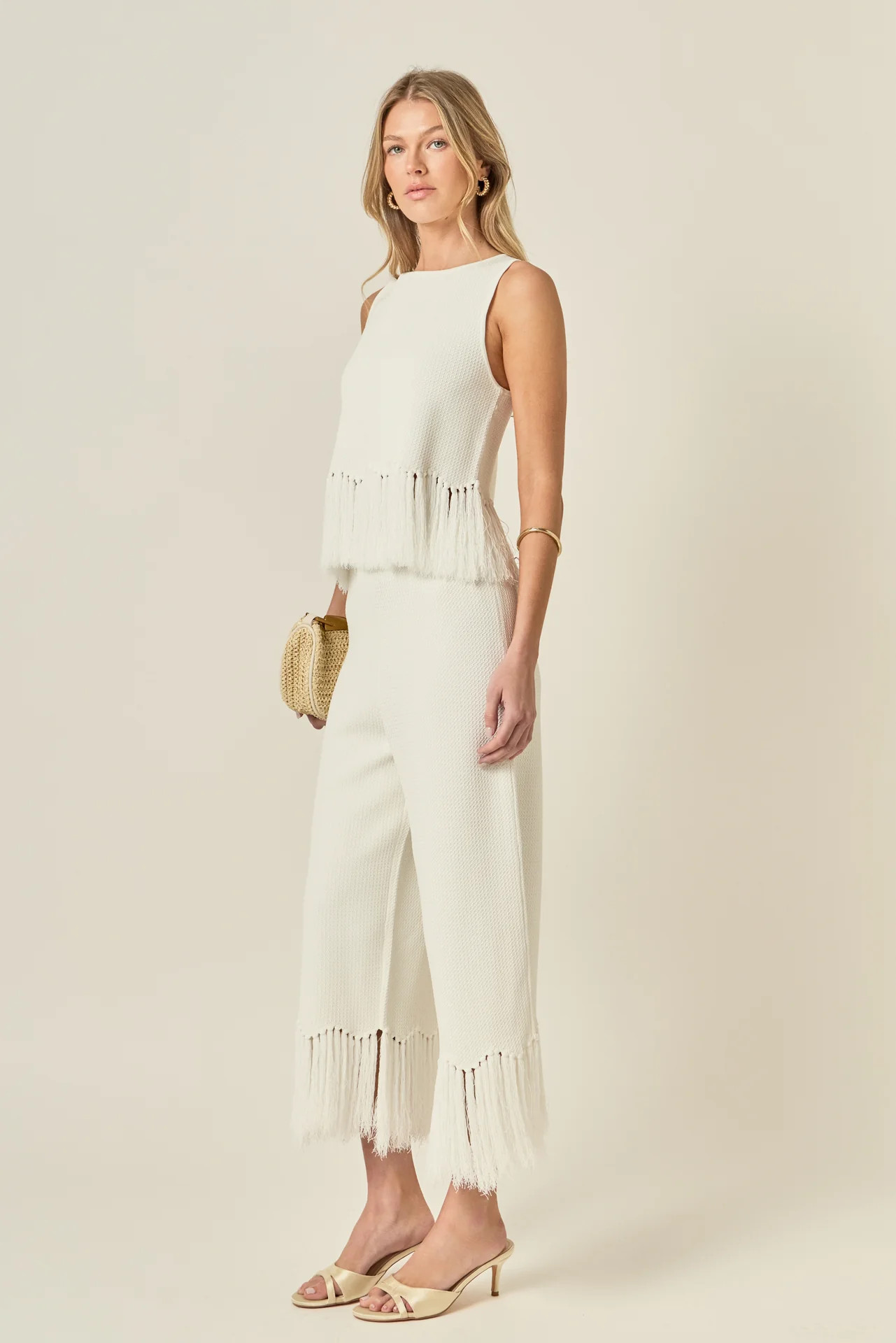 Fringe Detail Knit Wide Leg Pants | English Factory