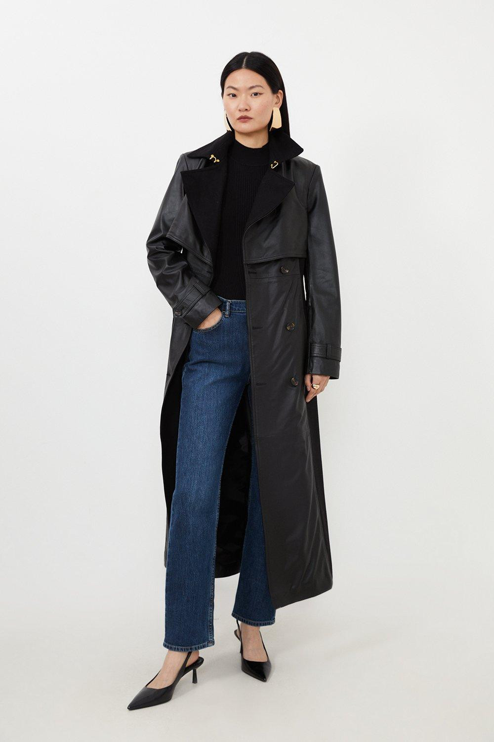 Leather And Wool Mix Belted Trench Coat | Karen Millen US