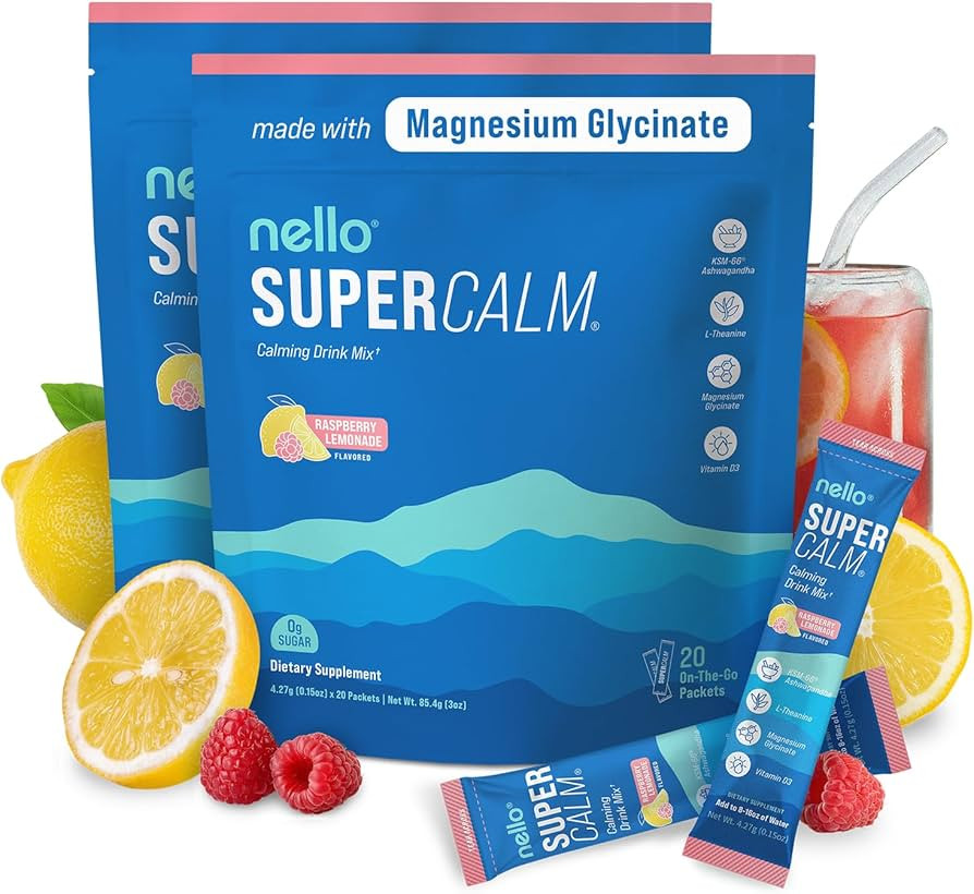 Nello Supercalm Powdered Drink Mix, Raspberry Lemonade, L Theanine, Ksm-66 Ashwagandha, Magnesium... | Amazon (US)
