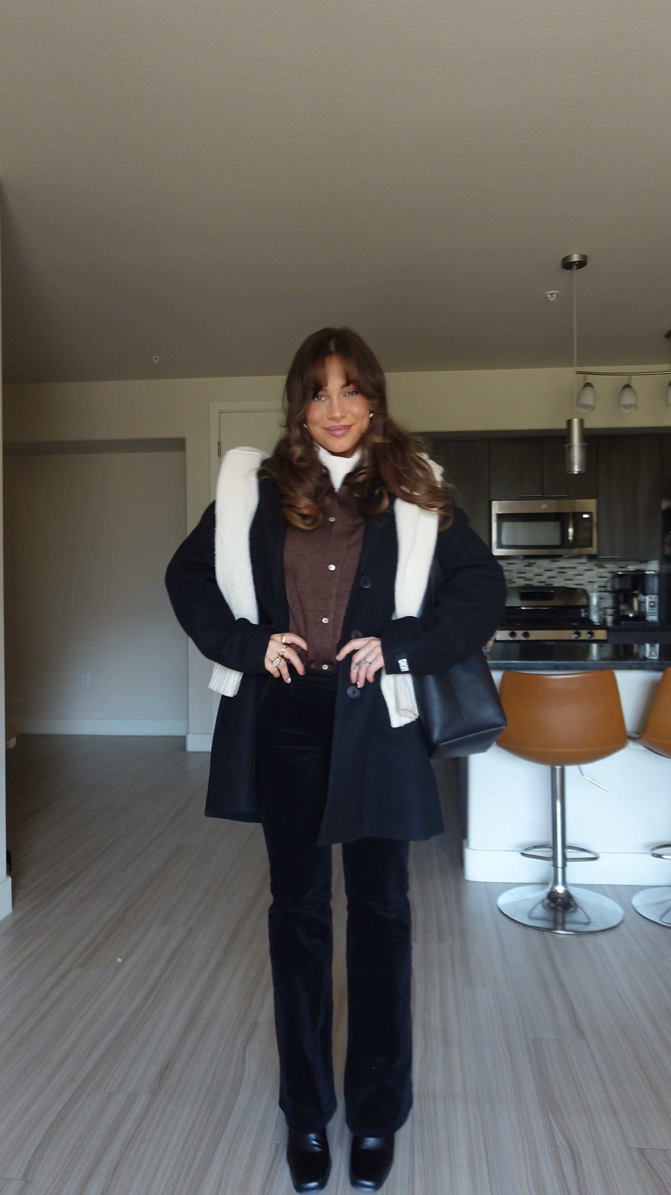 Get the look of this cozy, chic outfit — exact button down & pants are from Dear John Denim 🤎🧸 #winterfashion #cosyoutfit #coat #sweater #styling 

#LTKWorkwear #LTKSeasonal #LTKStyleTip