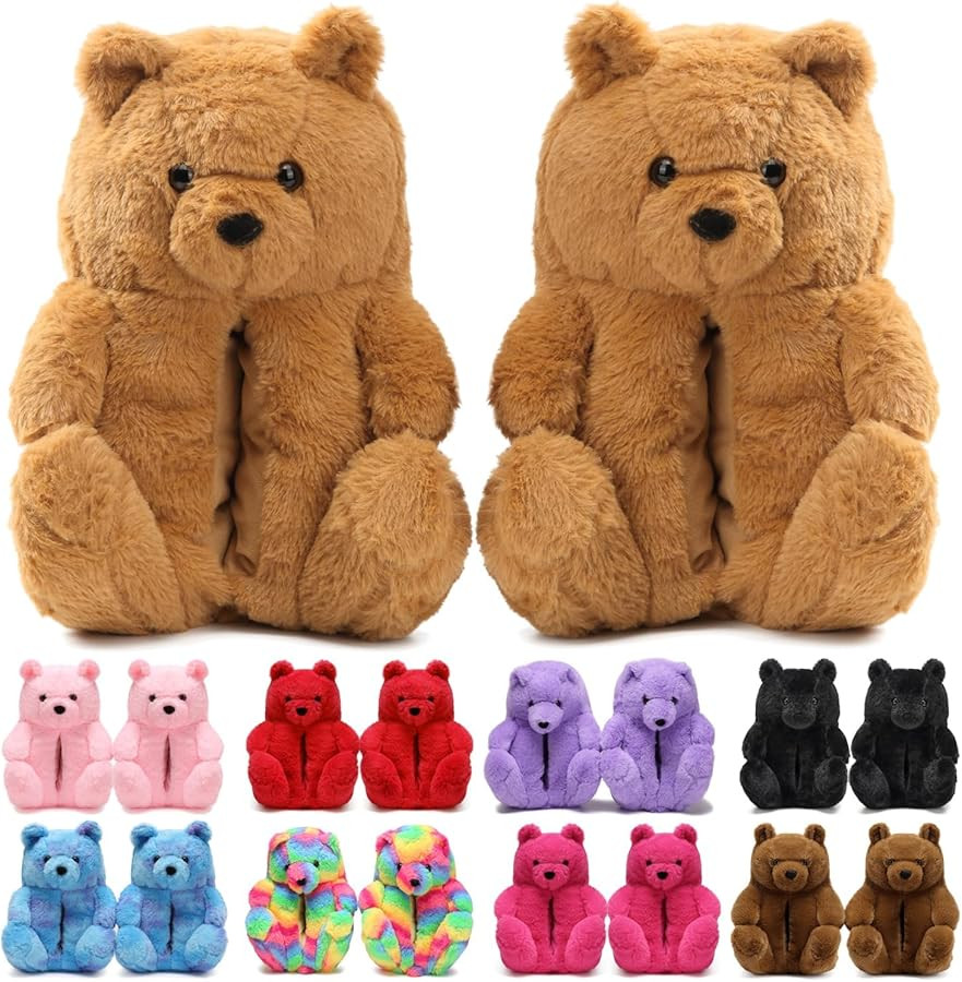 Women's Christmas Teddy Bear Slippers,Winter Fuzzy Cute Indoor House Slippers with Cushion,Fluffy... | Amazon (US)