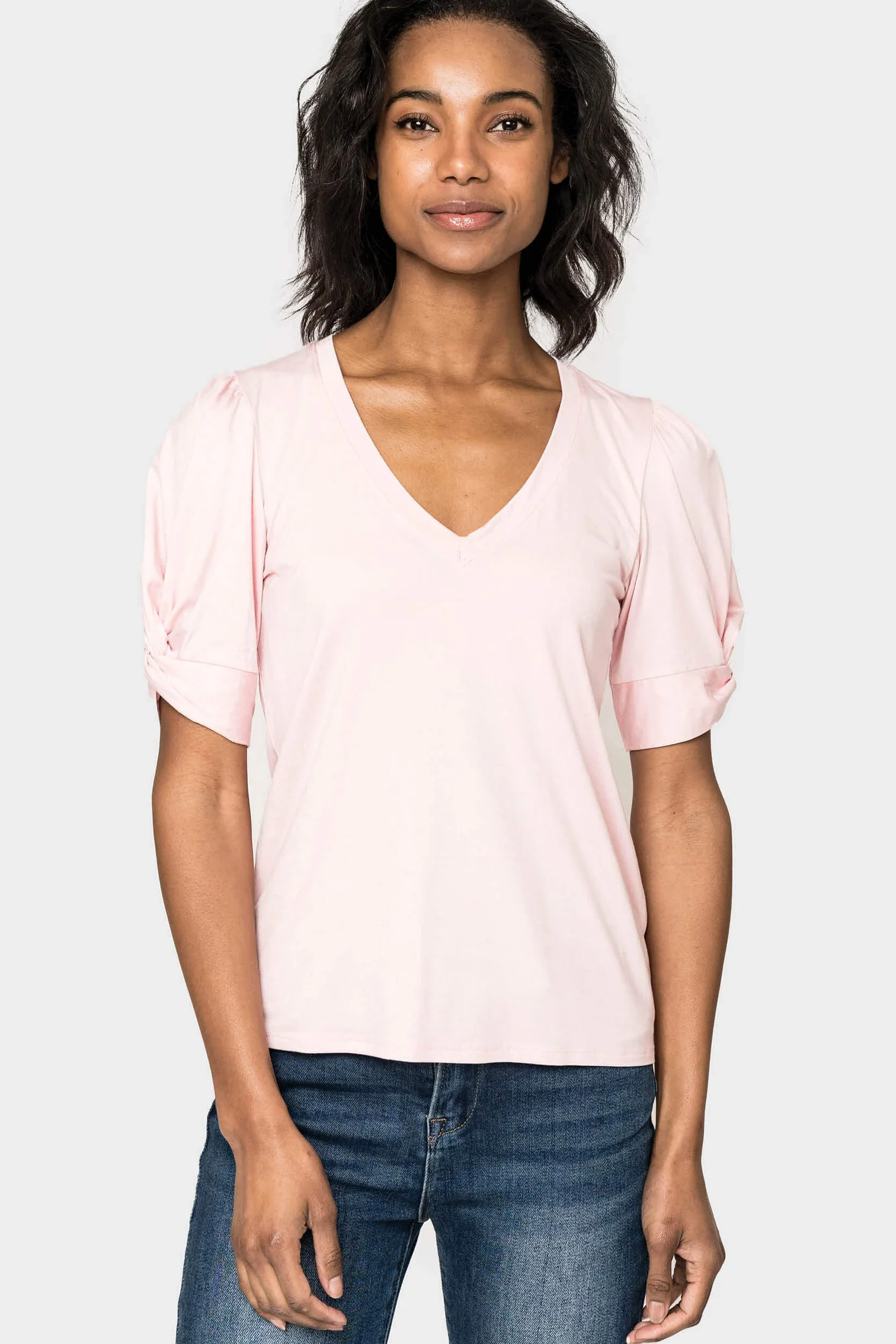 Rouched Elbow Sleeve V-Neck Tee | Gibson