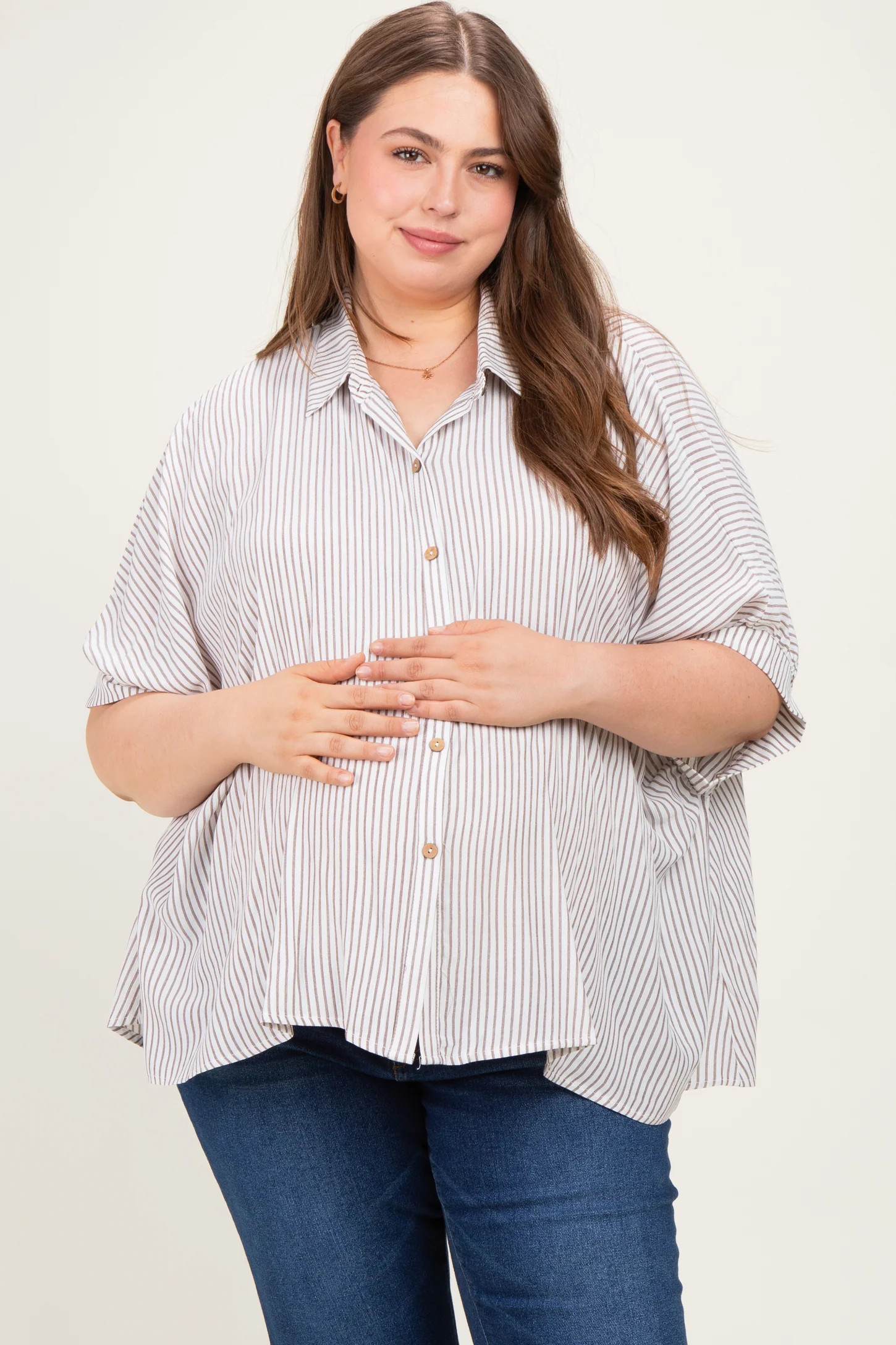 Brown Plus Woven Stripe Button DownMaternity Top | PinkBlush Maternity