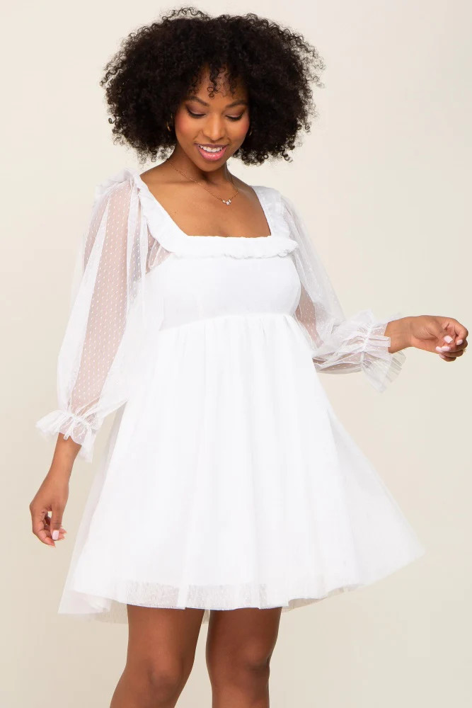 White Polka Dot Mesh 3/4 Sleeve Dress | PinkBlush Maternity