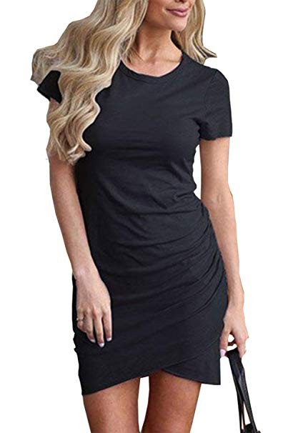 BTFBM Women’s 2019 Casual Crew Neck Ruched Stretchy Bodycon T Shirt Short Mini Dress | Amazon (US)
