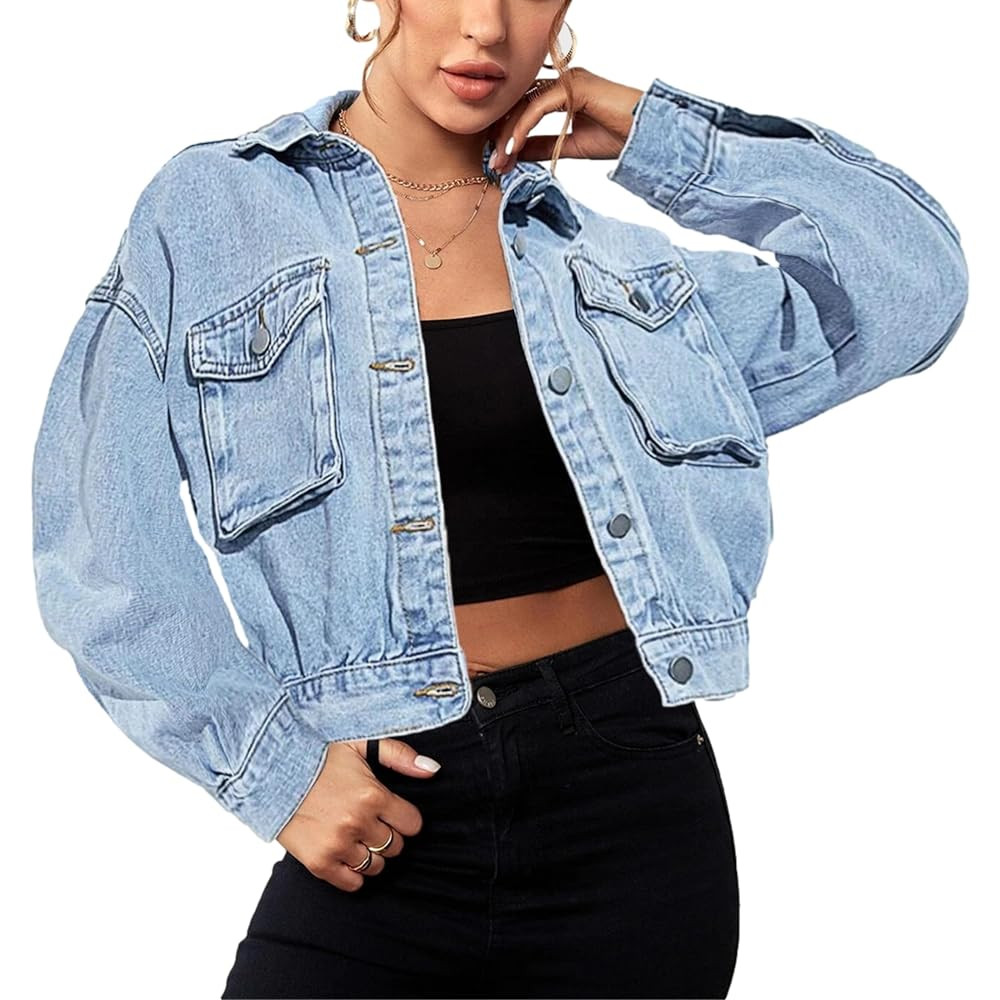 Women's Casual Cropped Denim Jacket Western Basic Lapel Button Up Long Sleeve Trucker Jean Jacket... | Amazon (US)