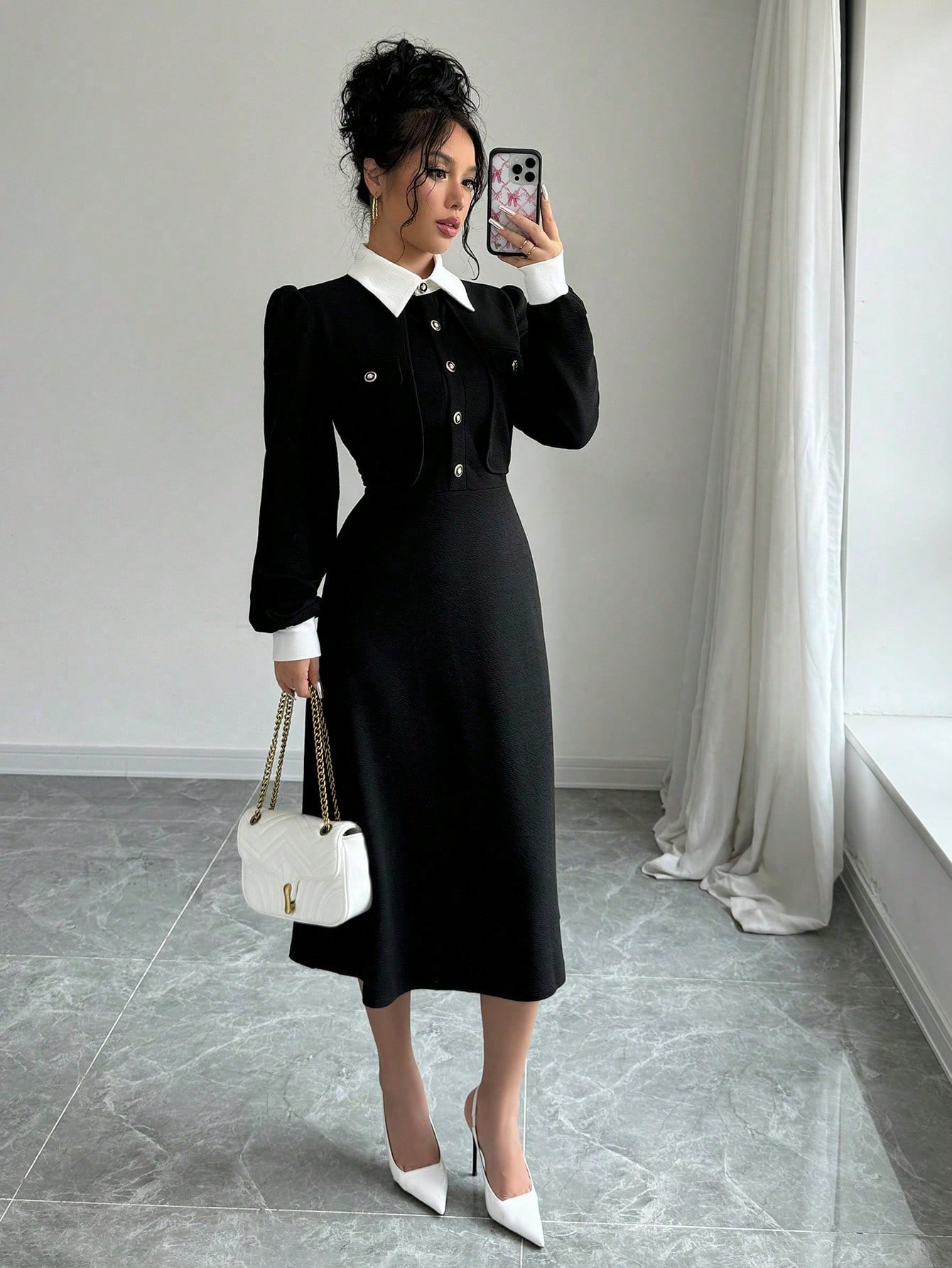 SHEIN PETITE 1pc Women Elegant Color Block Long Sleeve Button Front Midi Dress | SHEIN