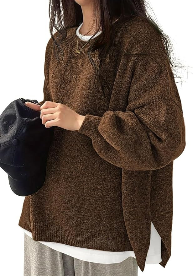 Women's Oversized Crewneck Sweaters Batwing Long Sleeve Side Slit Ribbed Knit Pullover Sweater To... | Amazon (US)